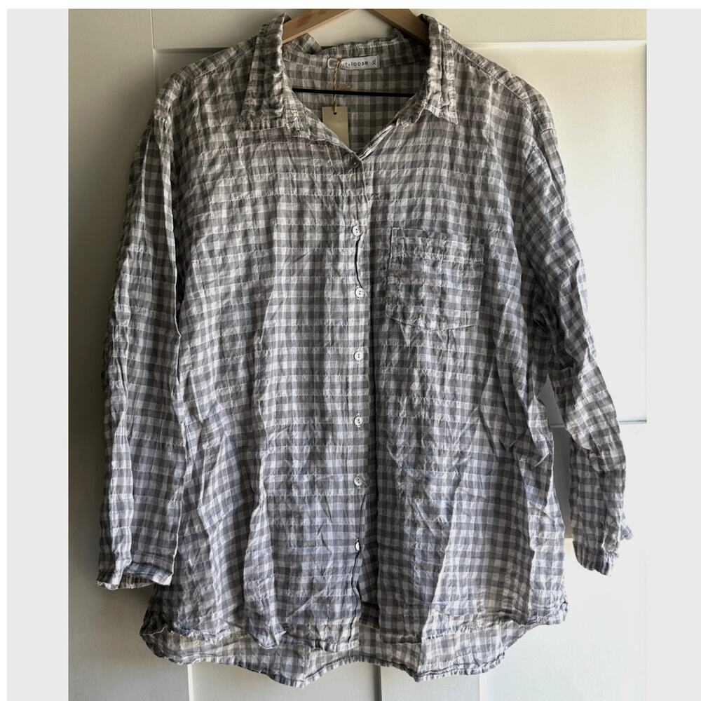 NWT Cut Loose Women's Grey Check Crinkle 3/4 Sleeve Button Down Shirt XL $164